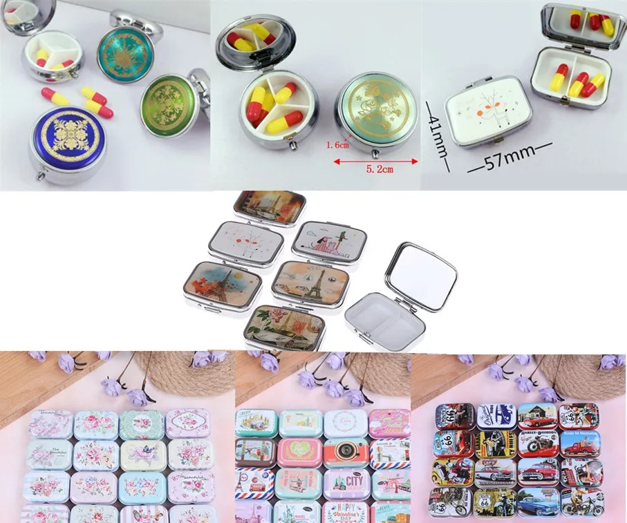 

Portable Metal Square Flower Print Organizer Cute Compartment Pill Case Storage Tablet Container Medicine Box