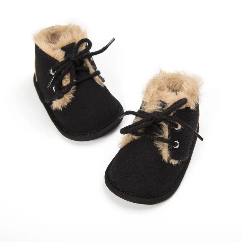 Детская обувь; теплые зимние ботинки из искусственной кожи на шнуровке с круглым носком; обувь из искусственной кожи для маленьких мальчиков и девочек; Плюшевые ботинки - Цвет: black