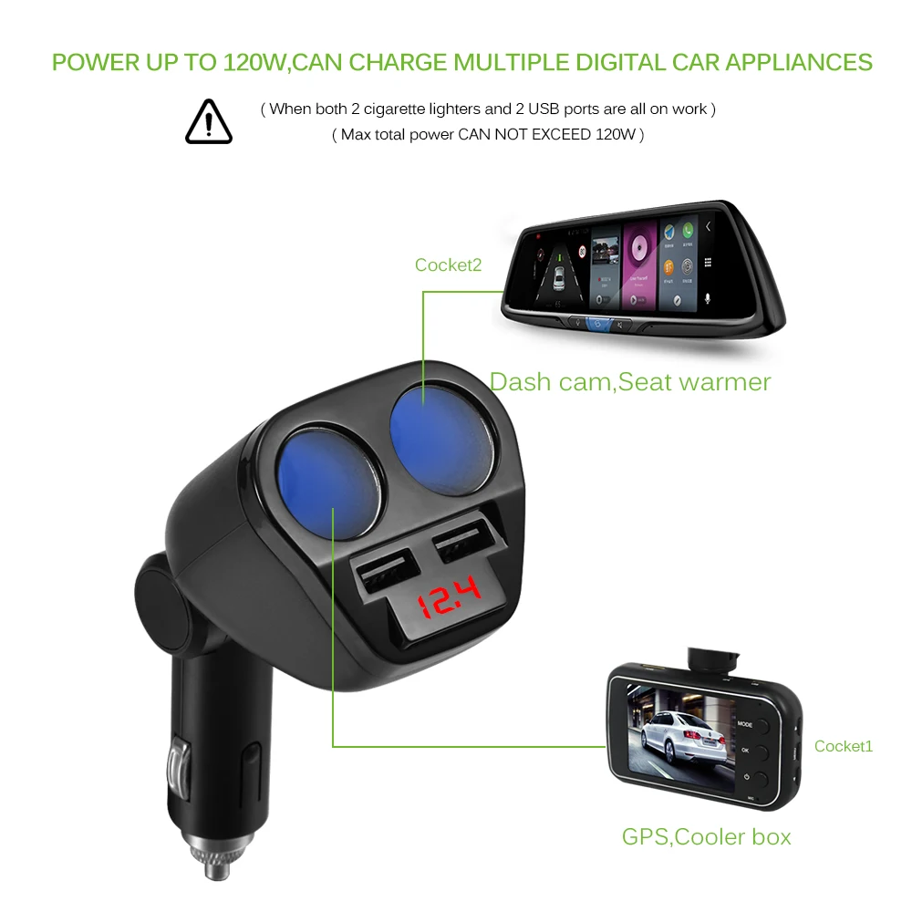 Onever 5 V/3,4 в 120 Вт розетка для автомобильного прикуривателя Разветвитель Мощность адаптер с двумя USB портами, Зарядное устройство автомобиля Наборы DVR gps MP3 12 V-24 V