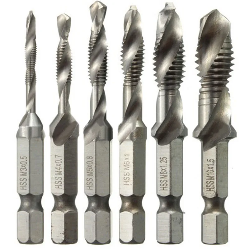 6 pcs 1/4 Hex HSS High Speed Steel Thread Taps Spiral Screw Drill Bit M3 M4 M5 M6 M8 M10 Metric