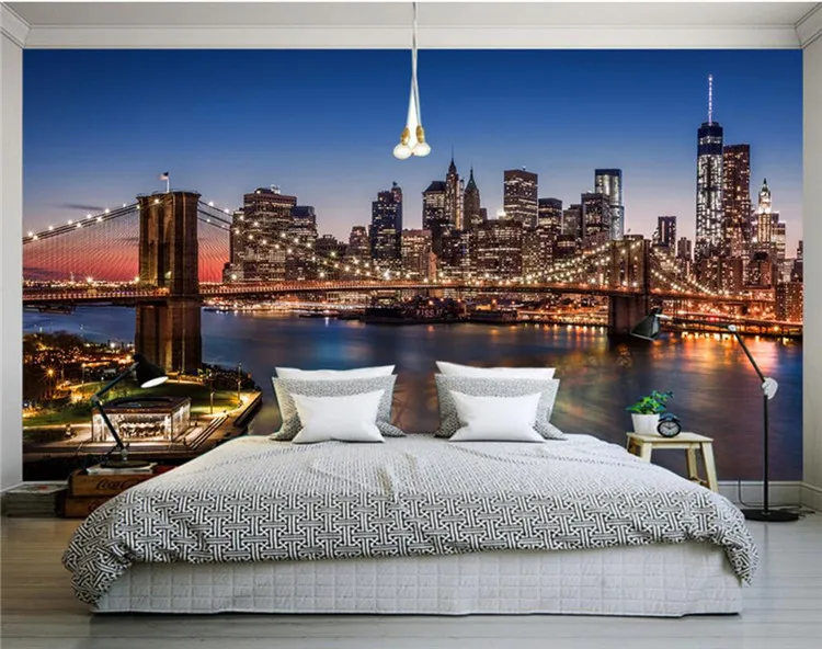 

Custom size mural wallpaper background Brooklyn Bridge New York night city night modern home decor wall covering living room