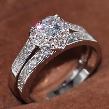 

Hot 50% Big Promotion Luxury Jewelry 10KT White Gold Filled Pear Cut 5A Zirconia CZ Women Wedding Bridal Heart Ring Set Gift