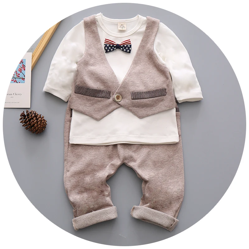 England Style Fashion Baby Kids Suits 2 pcs Boys Clothing Set Cotton Children Clothes Bow Tie