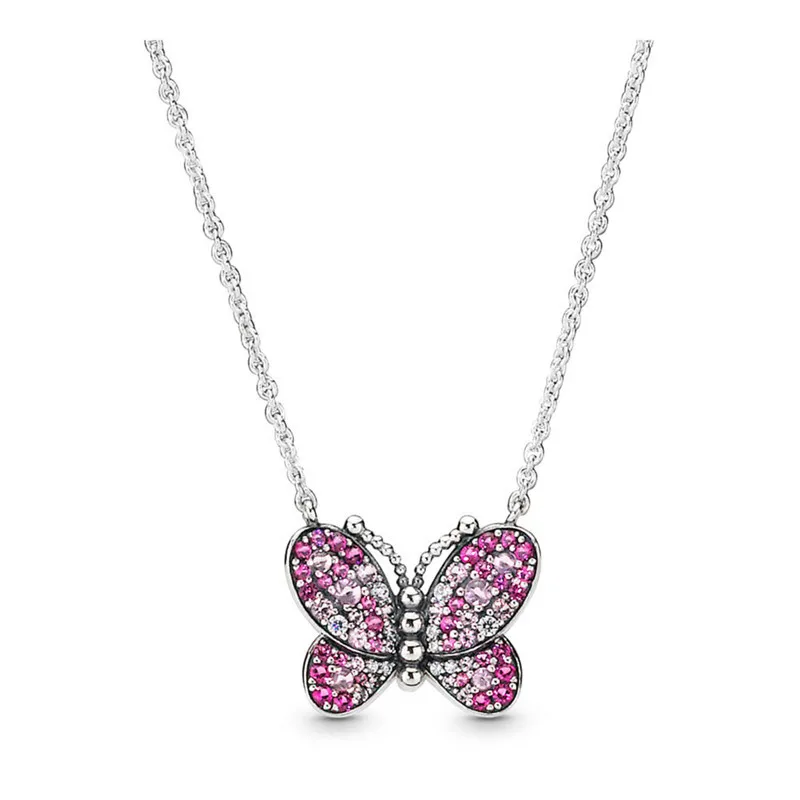 

Dazzling Pink Butterfly Pendant Women Necklaces Colorful Crystal Femme Collier Spring Choker Sterling Silver Necklaces Jewelry