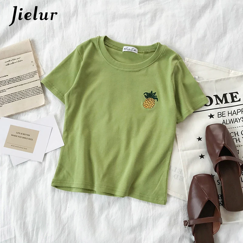 

Jielur Korean Embroidery T-Shirt Women 2019 Fashion Pineapple Pink Tshirt Femme 5 Colors Cute Preppy Basic Summer Tops Girls
