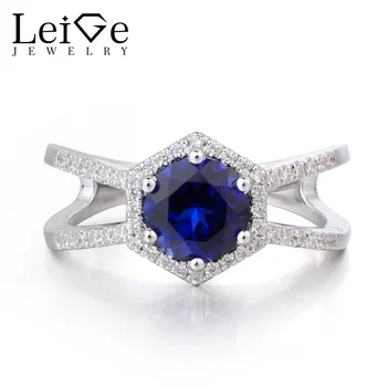 

Leige Jewelry Round Cut Gemstone Lab Blue Sapphire Ring Wedding Rings Solid 925 Sterling Silver September Birthstone for Women