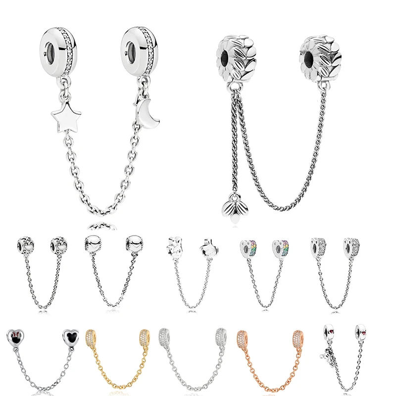 

TOGORY Original Silver Color Charm Sparkling Moon & Star With Crystal Safety Chain Clip Beads Fit Pandora Bracelet DIY Jewelry