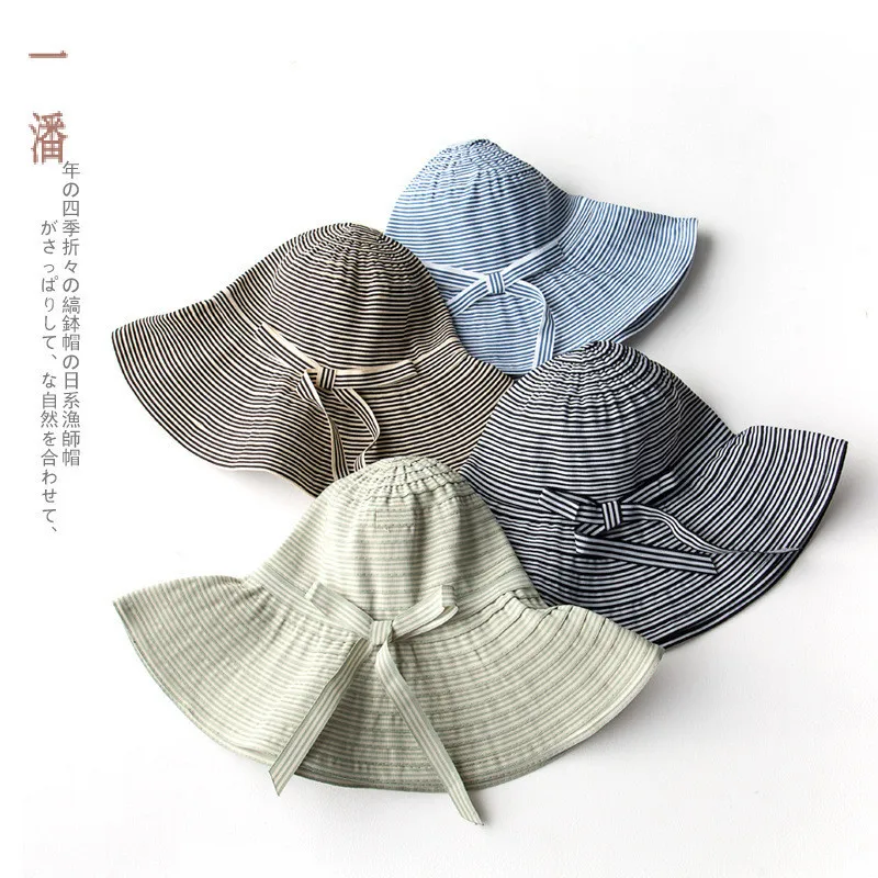 

Summer foldable sunhat striped cloth hat sunscreen Beach Hat Bow Holiday sunshade hat