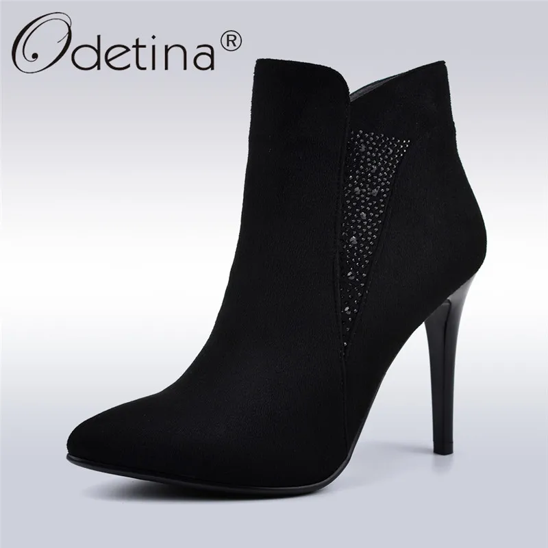 

Odetina Fashion Flock Leather High Heels Women Boots Stiletto Pointed Toe Ankle Boots Lady Elegant Crystal Shoes Autumn Winter