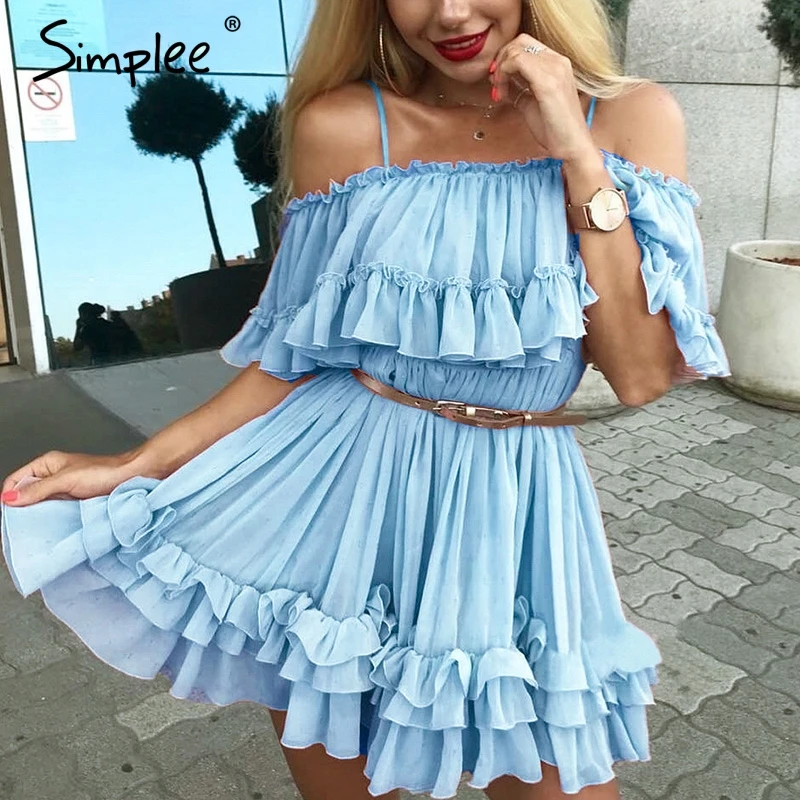 Simplee أنيقة كشكش معطلة الكتف المرأة اللباس السباغيتي حزام الشيفون الصيف فساتين عارضة عطلة الإناث الوردي قصيرة فستان الشمس