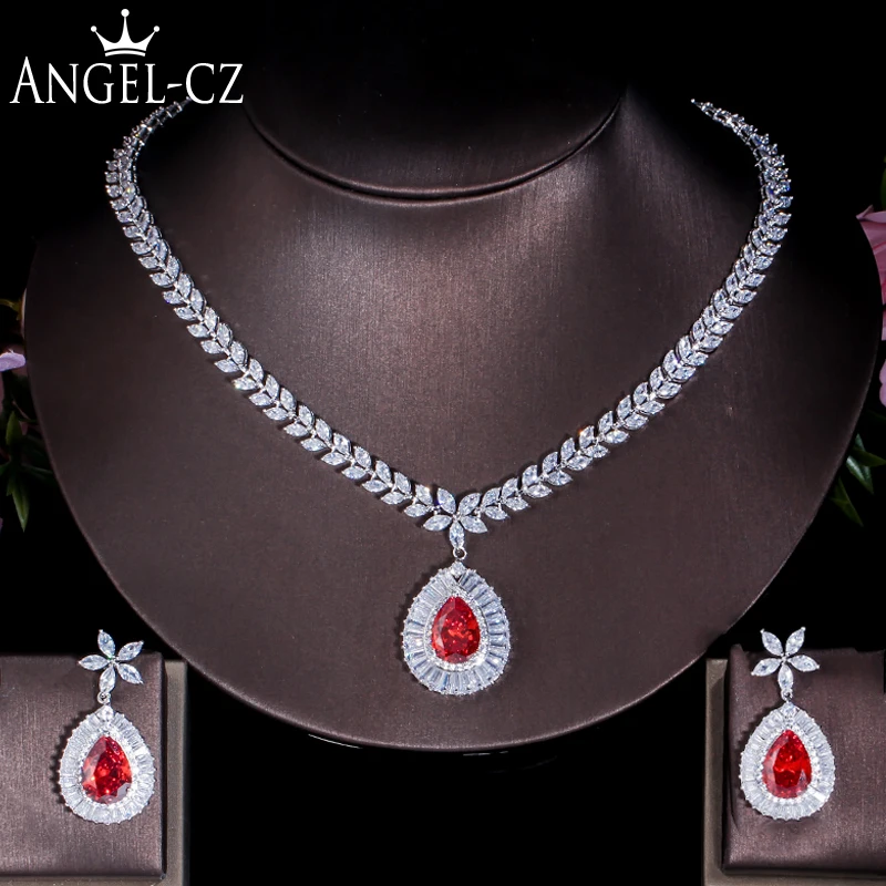 ANGELCZ Elegant Women CZ Costume Jewelry Big Tear Drop Red Stone Bridal