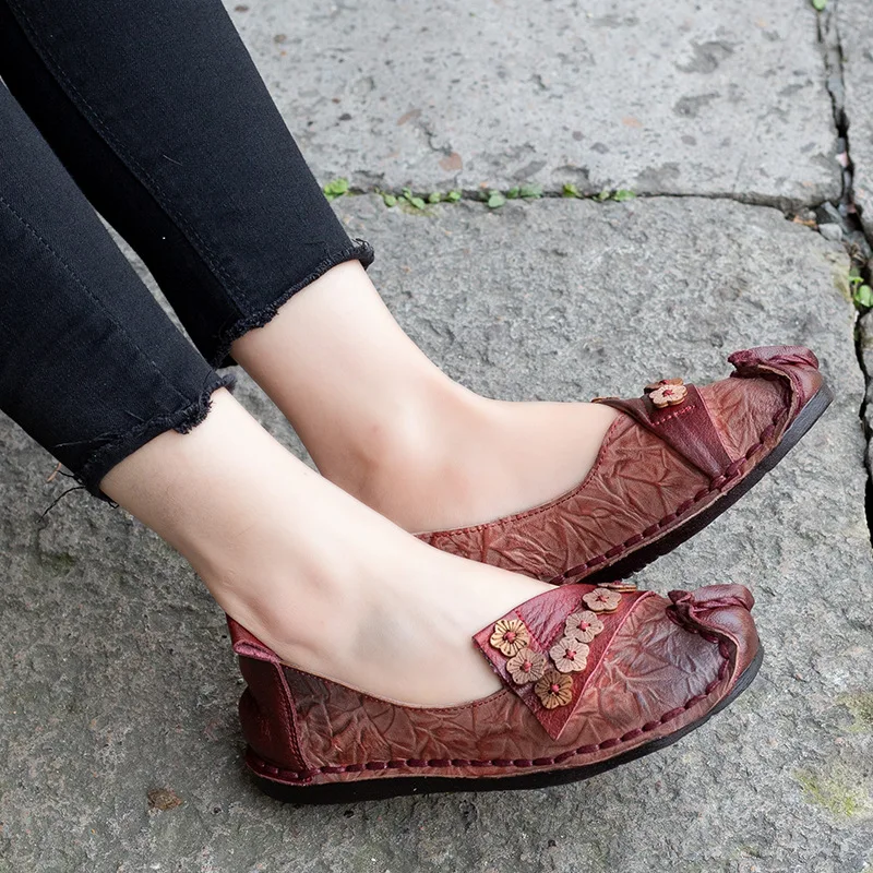 Loisirs 1 Femmes red D'été Appartements En Plat Chaussures Véritable Gray Fleurs La T97256 Et Artdiya Main Rétro À Cuir D'origine Nouveau Printemps mvnO0w8Ny