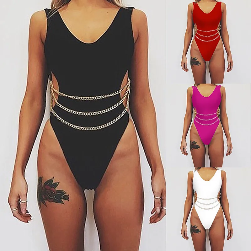 

Colaless Monokini One Piece Swimsuit Women Swimwear Ladies Women's Beach Outings 2019 New Plain Chain Polyester Swim Wear
