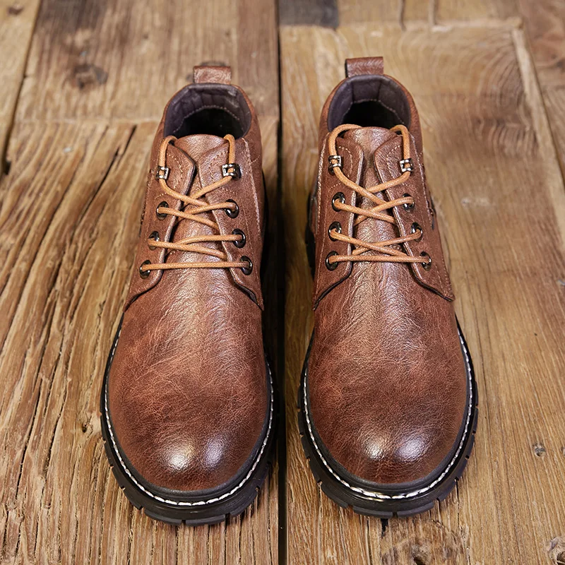 Мужские ботинки из натуральной кожи; сезон осень-зима; ботильоны; модная обувь; обувь на шнуровке; Мужская обувь высокого качества в винтажном стиле - Цвет: Коричневый