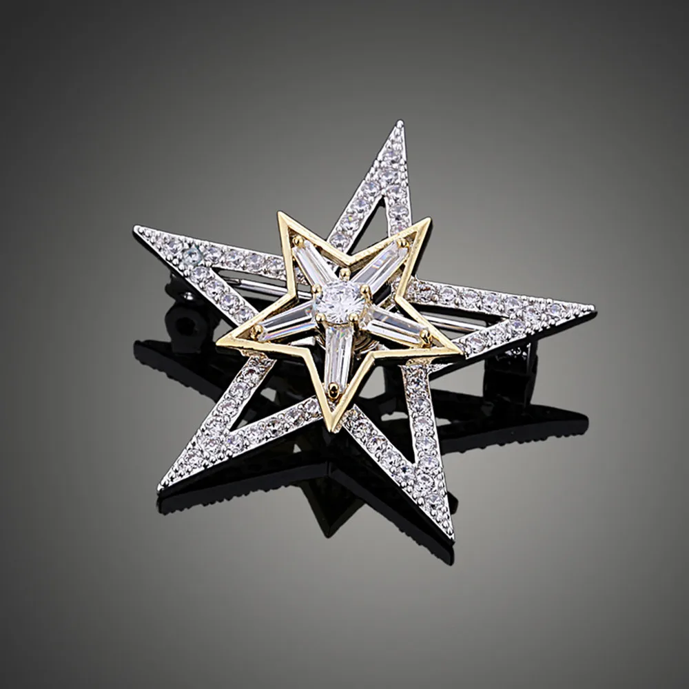 

New Bridal jewelry Double Star Creative Model Rotary Design Cubic Zircon CZ Brooch For Woman Gift High Quality X00243