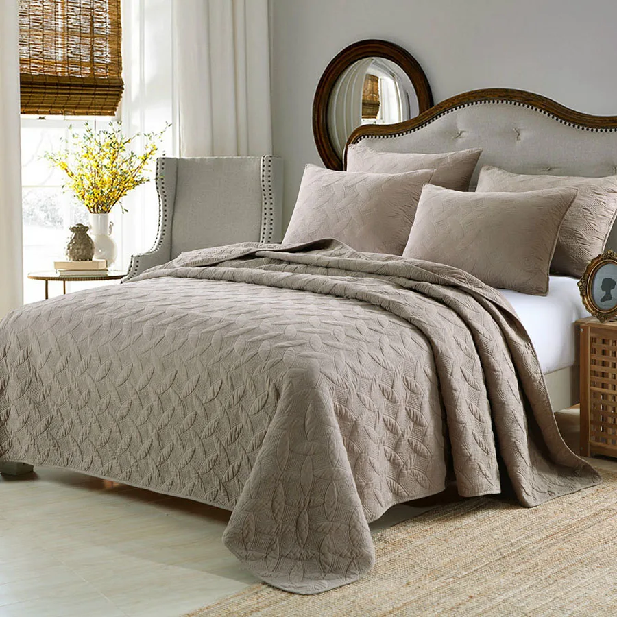 Solid Embroidered Bedspread Quilt Set 3pcs Quilted Bedding Cotton