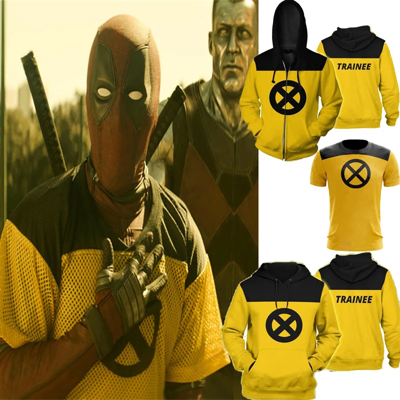 

Movie Deadpool 2 Cosplay Costumes T-shirt Polyester Zipper Hooded Superhero Yellow Short Sleeve Shirt Hoodies Sweatshirt for men