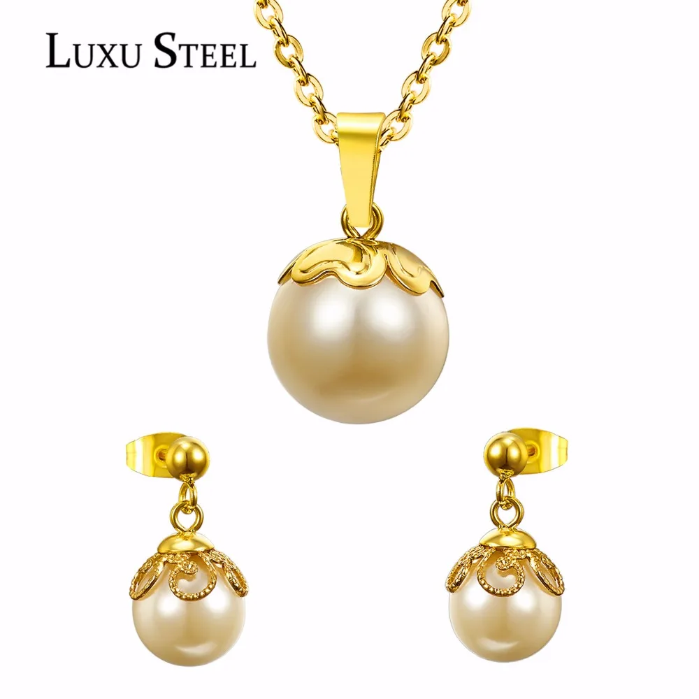 

LUXUSTEEL Fashion Jewelry Sets Stainless Steel Gold Color Imitation Pearls Pendant Necklace For Women Choker Necklace