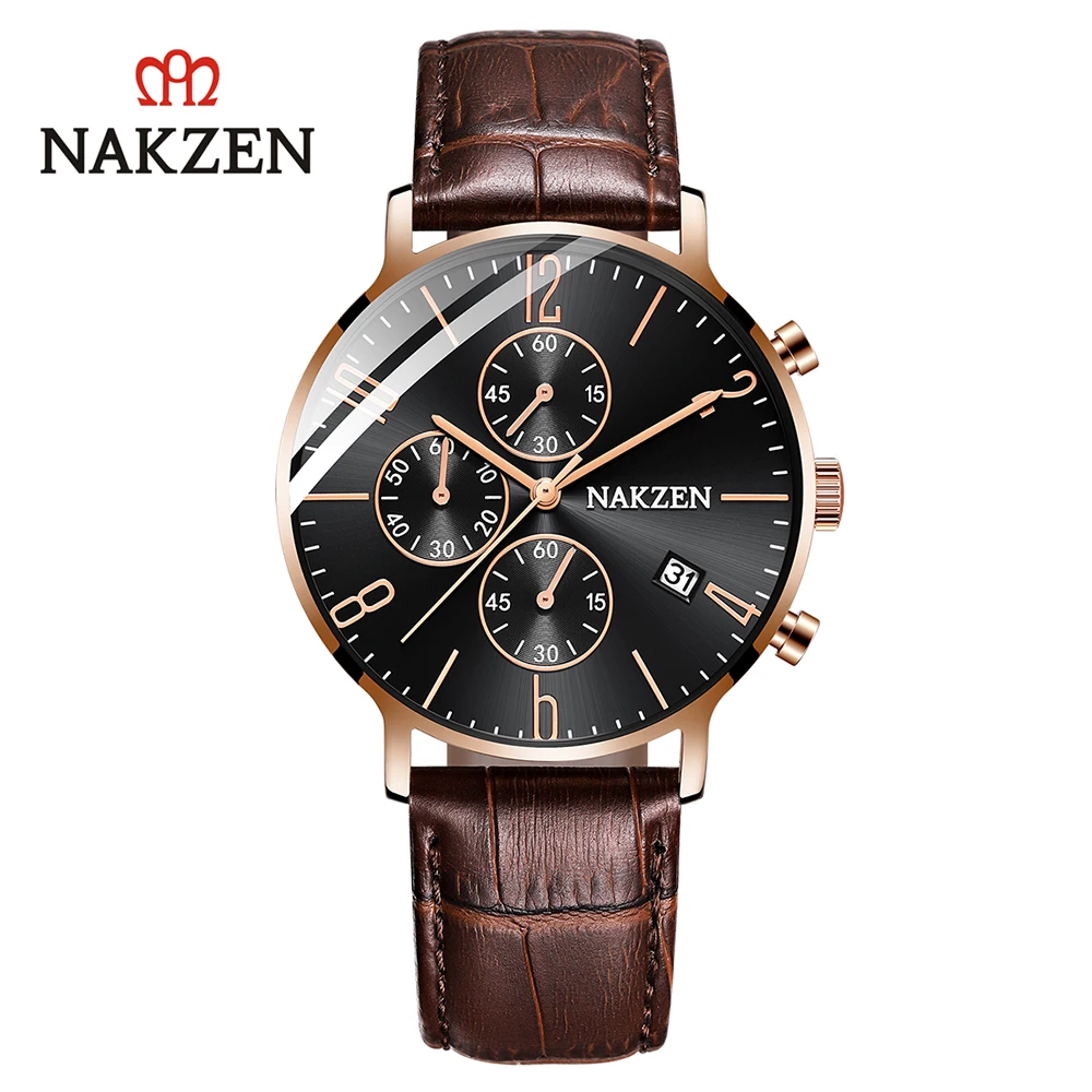 NAKZEN брендовые подлинные простые деловые мужские часы с тремя глазами