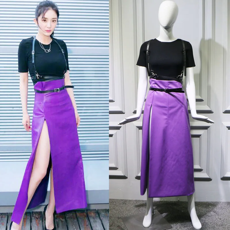 

Spring 2019 Tomorrow Had The Same Purple Half-length Skirt PU Leather Skirt Belt High Waist Thin Hips and Open Skirts Women