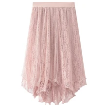 Женские сетчатые Цветочные кружевные открытые плиссированные юбки миди летние Асимметричные оборки подол милые дамы Тюль черный Saias S8525