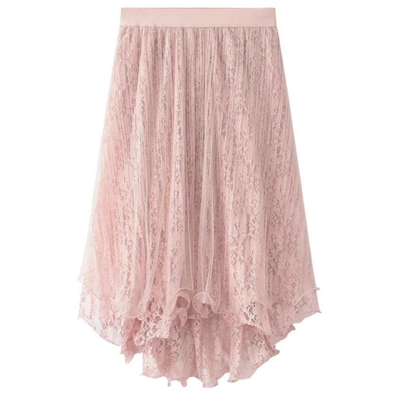 

2018 Women Mesh Floral Lace Hollow Out Midi Pleated Skirts Summer Asymmertical Ruffles Hem Sweet Ladies Tulle Black Saias S8525