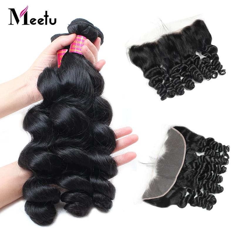 

Meetu Peruvian Loose Wave Bundles with Frontal Non Remy Lace Frontal Closure with Bundles 3 Bundles with Frontal 100 Human Hair