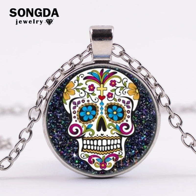 

SONGDA Brand Hot Fashion Mexican Sugar Skull Necklace Steampunk Gothic Day of The Dead Glass Cabochon Necklaces Pendants Jewelry