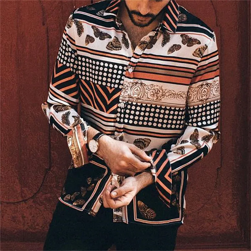 New Men Casual Vintage Print Shirts 2019 Fashion Long Sleeve Polka Dot Striped Print Vintage Fashion Casual Shirt #E23 (8)