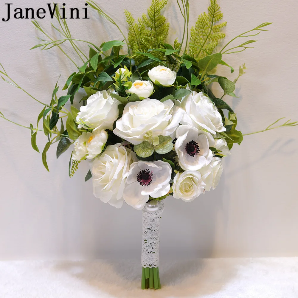 JaneVini невесты аксессуары белый искусственный букет невесты розы Букет зеленый эвкалипт невесты свадебные букеты 2019
