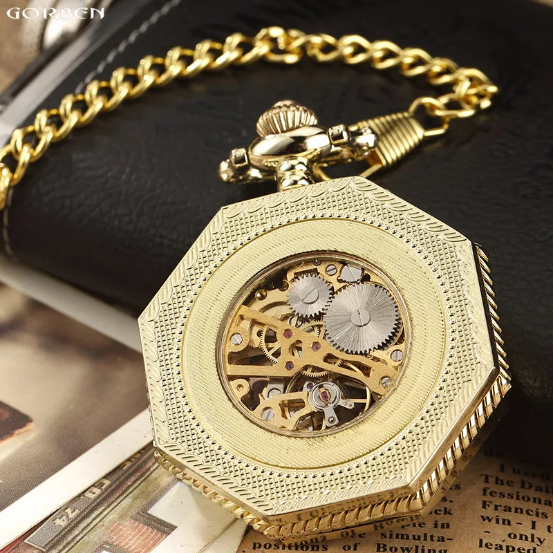 Beste 2020 Nieuwe Klassieke Zeshoekige Mechanische Zakhorloge Fob Steampunk Romeinse Dial Skeleton Golden Holle Stalen Heren Zakhorloge