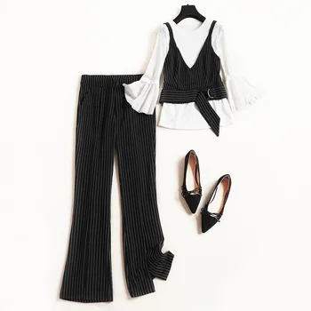 

Women elegant striped long pant suit white lace tops and blouse + short vest 3 piece set new 2019 spring office high steet