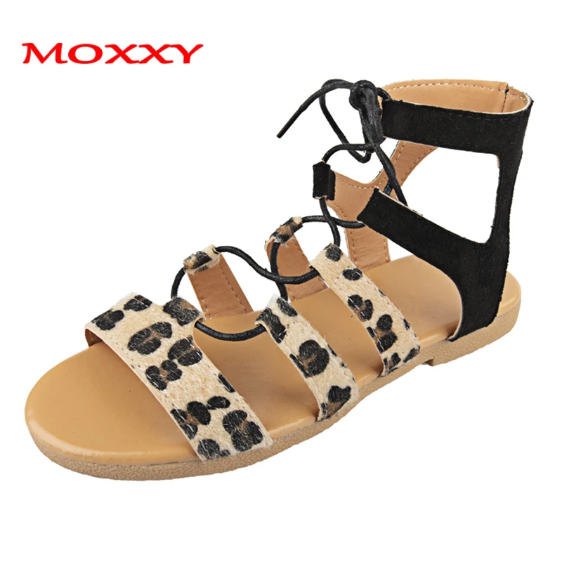 

Plus Size 43 2019 New Summer Flat Leopard Sandals Women Shoes Comfort Ankle Strap Lace Up Gladiator Sandals Women Sandals femme