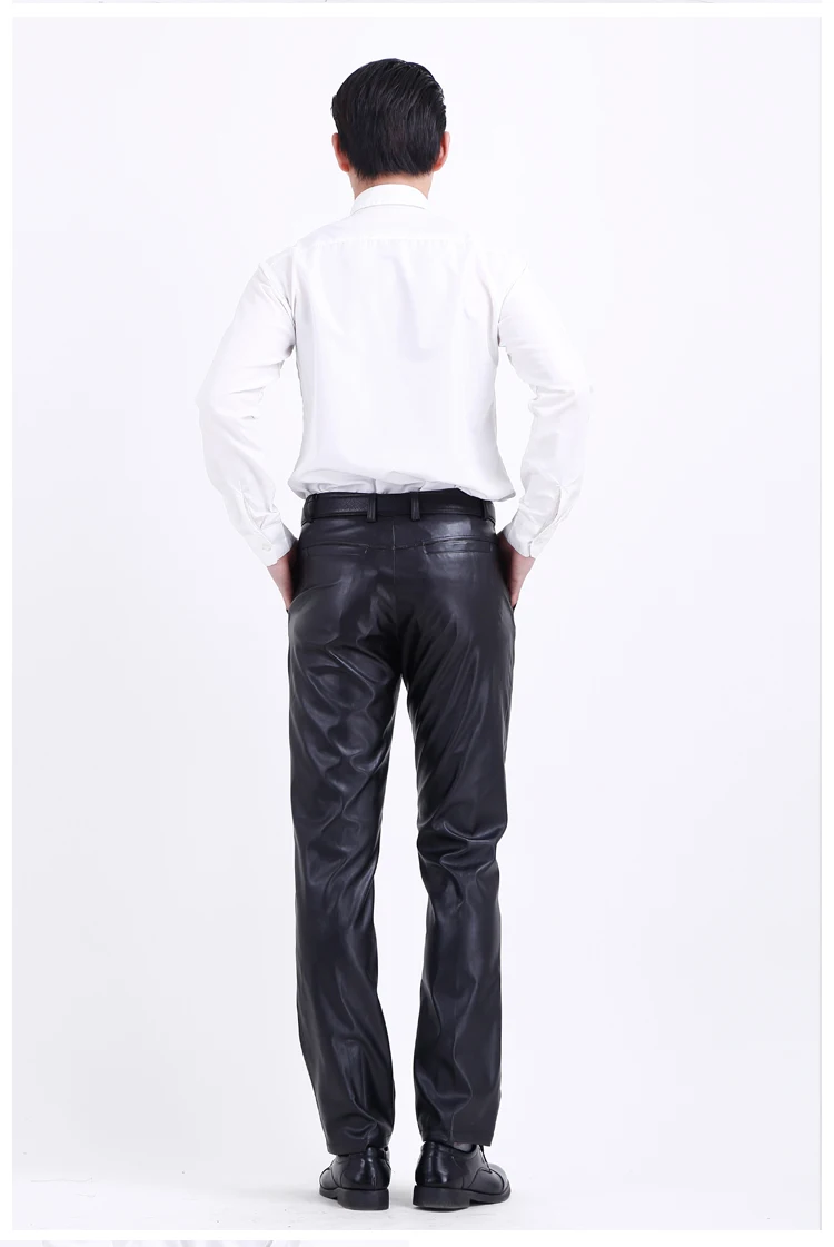 Thoshine Brand Summer Men Leather Pants Working Elastic Lightweight Smart Casual PU Leather Trousers Thin Motor Pants Plus Size