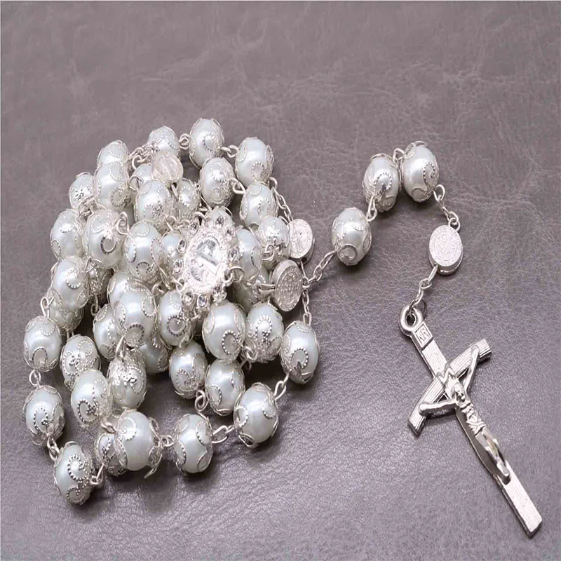 

Free Shipping 10mm Rosary Beads Necklace / Catholic Rosary / Silver Crystal Rosary / Silver Rosary Special Offer