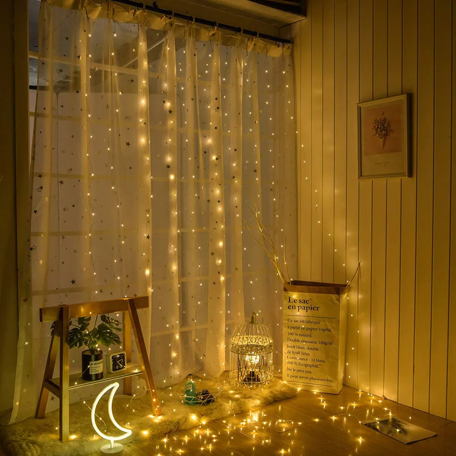 

Battery powered 3X3M 300 leds Copper wire LED curtain string light Waterproof party Wedding New Year Christmas Curtain Garlands