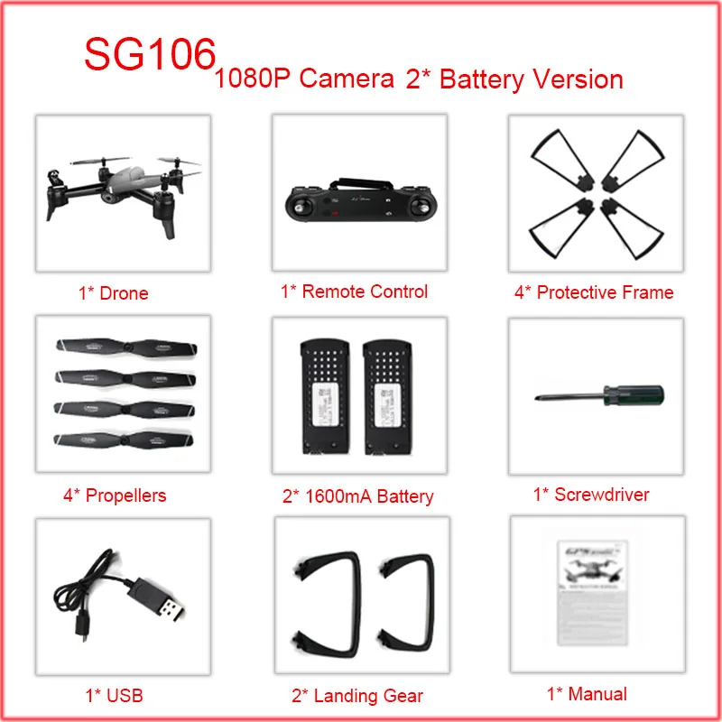 SG106 Drone 4 k с WI-FI FPV двойной Камера Широкий формат долго летать дроны Камера HD 720 P 1080 p вертолет Quadcopter игрушки - Цвет: Black1080p2Batttery