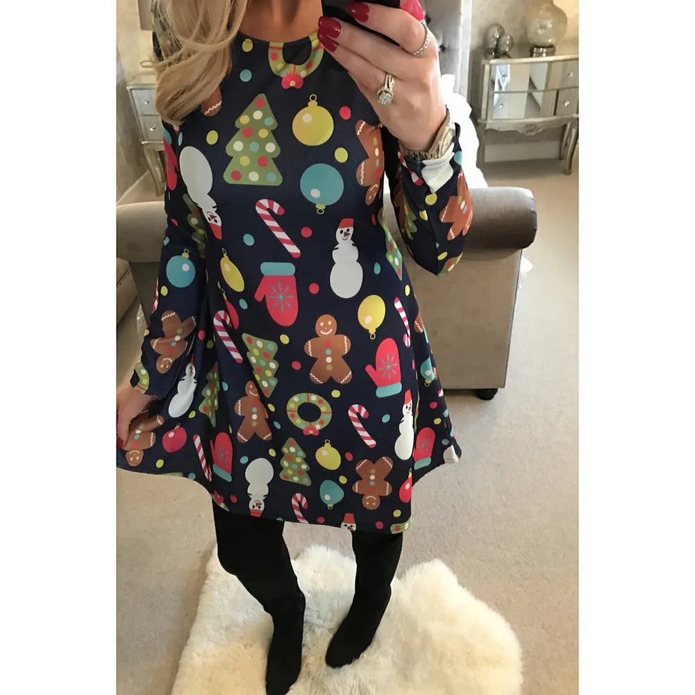 

2019 women dress womens clothing ladies cartoon snowman printed Christmas long sleeve female dresses