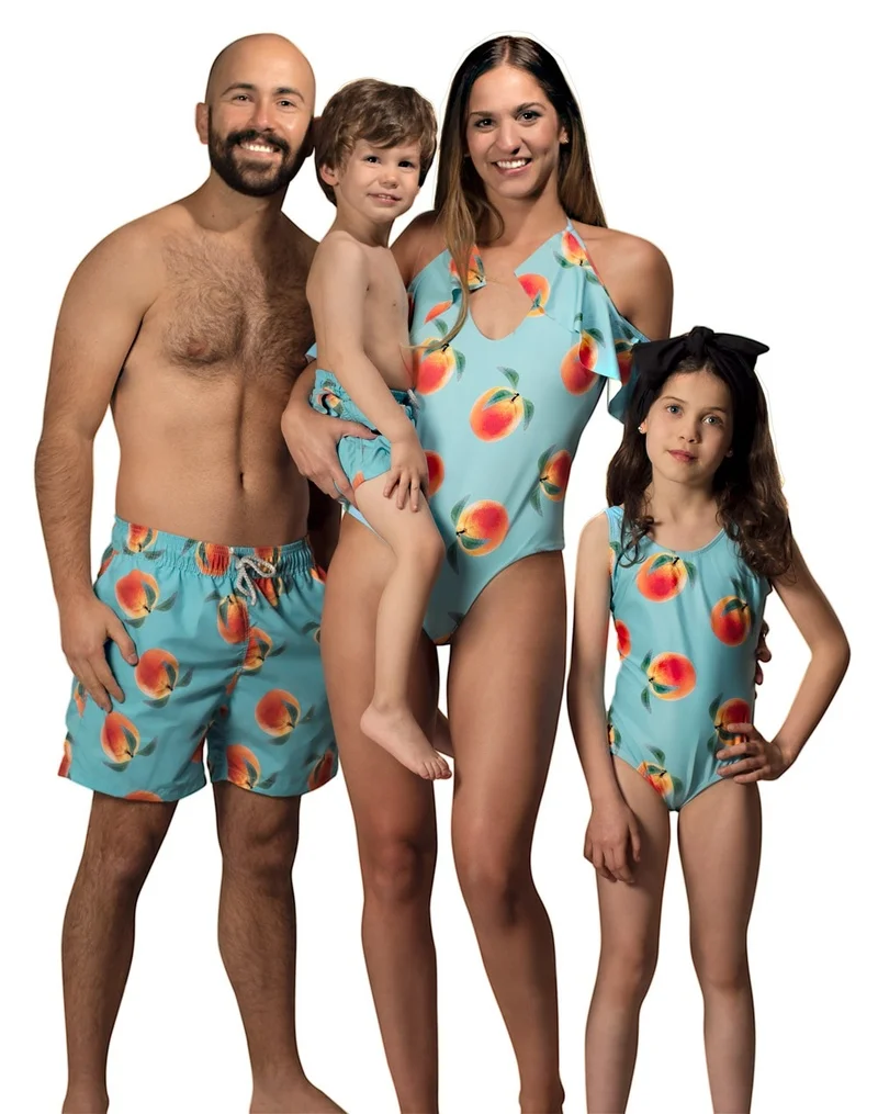

Family Matching Clothes Bikini Matching Swimwear Peach Print Beachwear Mommy and Me Swimsuit Swimming Trunks for Kids Men