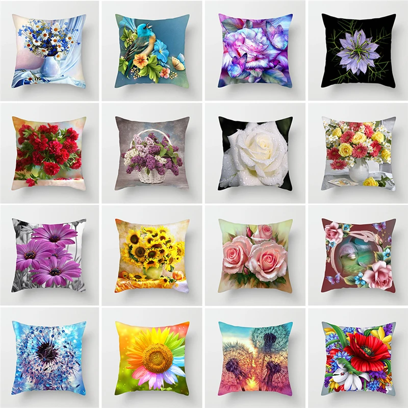 

ZENGIA Flower Painting Cushion Cover For Home Decor Sunflower/Rose/Dandelion Decprative pillows Polyester Home Throw Pillows