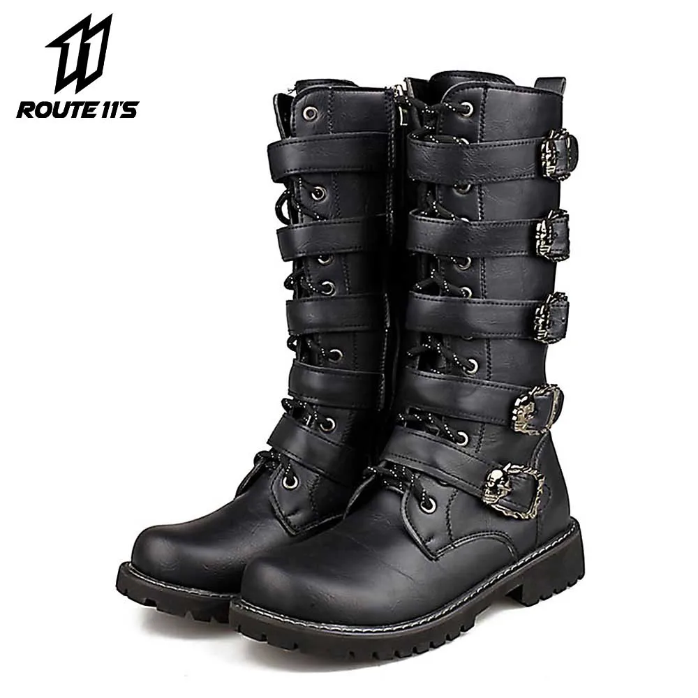 Botas de motocicleta para hombre, botas de Motocross, zapatos de motocicleta, botas de cuero de PU con hebilla de media pantorrilla, botas de moto Punk Martin negro