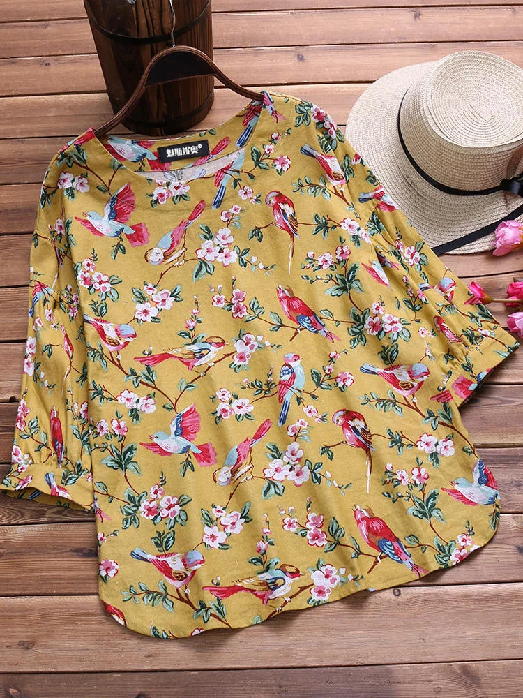 

Plus Size Women Clothing 2019 Summer Print Blouse Female Loose Three Quarter Sleeve Casual Tops and Blouses Womens Cotton+Linen