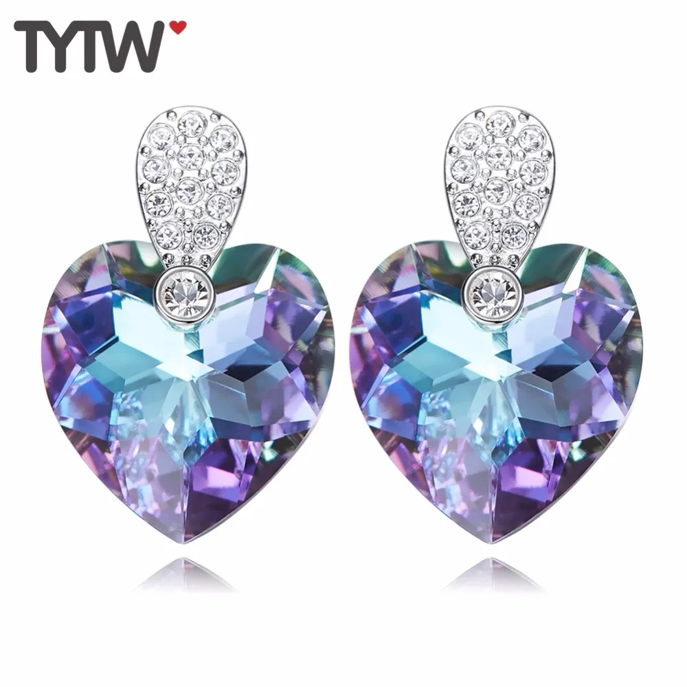 

TYTW 925 Sterling Silver Earring Crystals from Austrian Women Jewelry Customize Purple Heart Korea Fashion Earring Stud