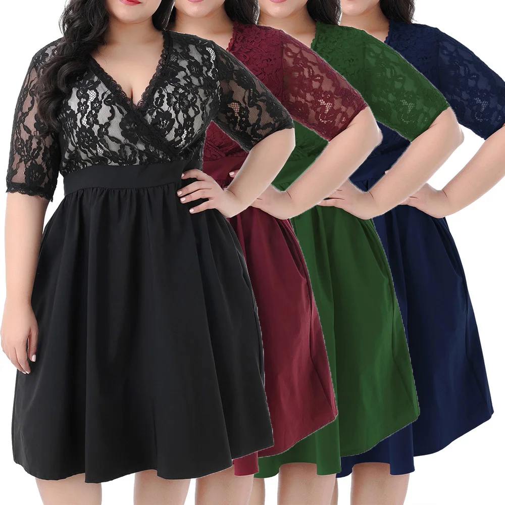 

Joineles 4 Colors Plus Size Women Party Dress Sexy V Neck Lace Half Sleeves High Waist Club Vestidos Retro Casual Dress Pockets