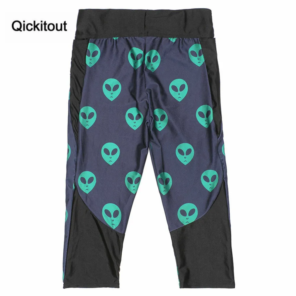 Qickitout летние модные черные леггинсы зеленого цвета пришельцы печати 7 точка брюки с высокой талией с боковыми карманами плюс Размеры Перевозка груза падения