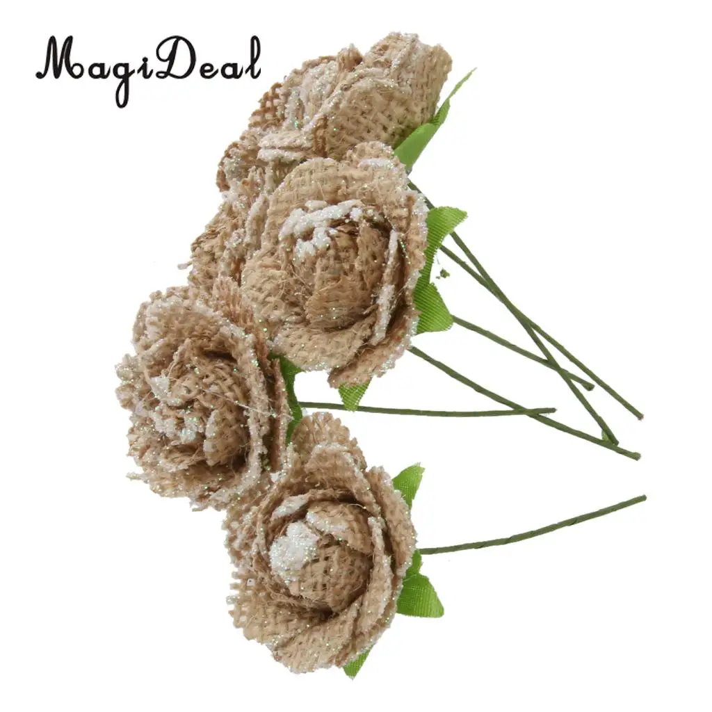 MagiDeal 6pcs/Lot Hessian Burlap Flowers Rustic Bridal Wedding Craft Head Flowers Handmade DIY Craft Home Decoration