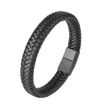 Kirykle Шарм Мужской Ювелирные изделия плетеный кожаный браслет ручной работы черный нержавеющая сталь магнитные застежки для мужчин запястье