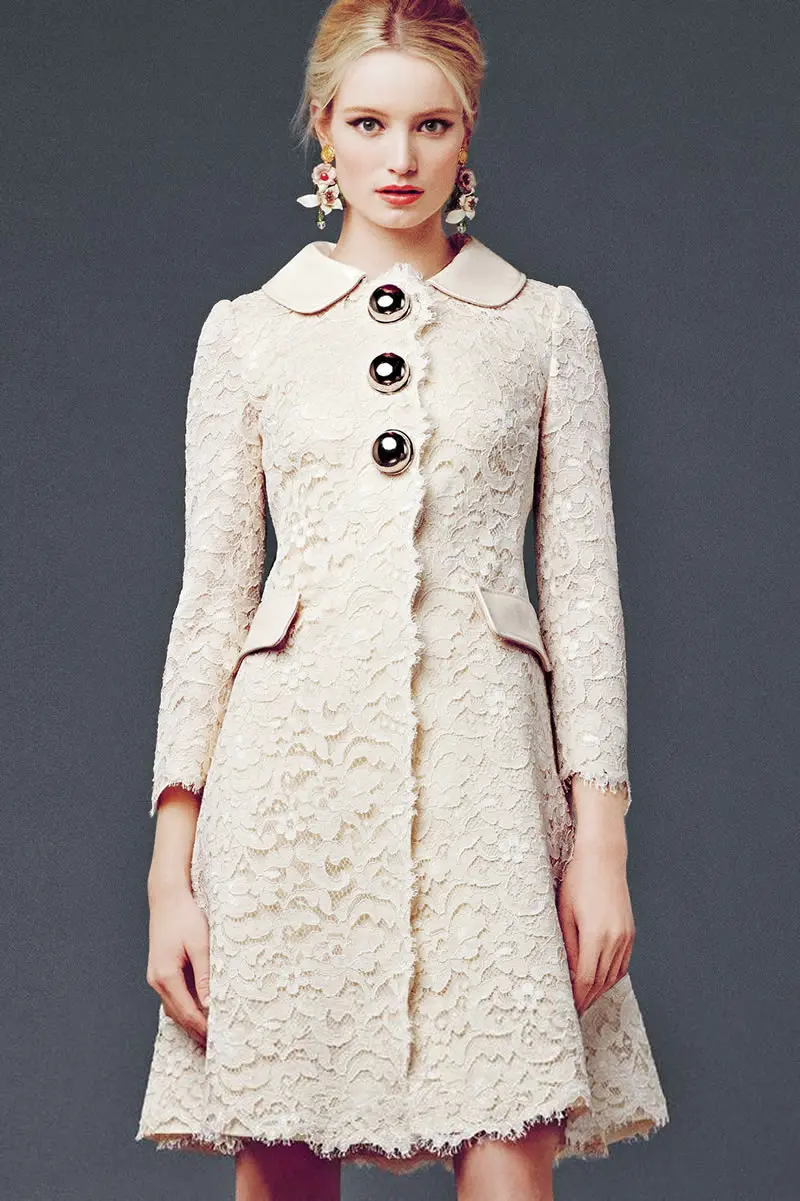 Luxury Women Lace Coat Peter Pan Collar Elegant Long Sleeves Trench
