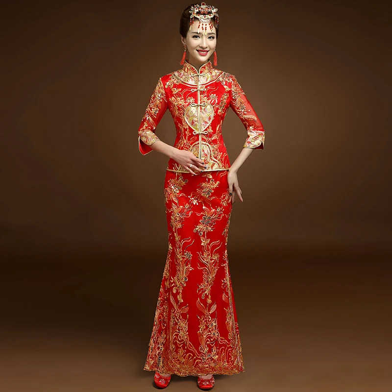 Красное традиционное шоу невесты вышивка cheongsam женатые костюмы китайский стиль