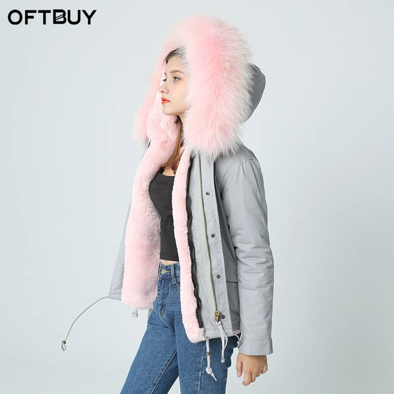 Женская парка с капюшоном OFTBUY серая теплая воротником из натурального меха енота